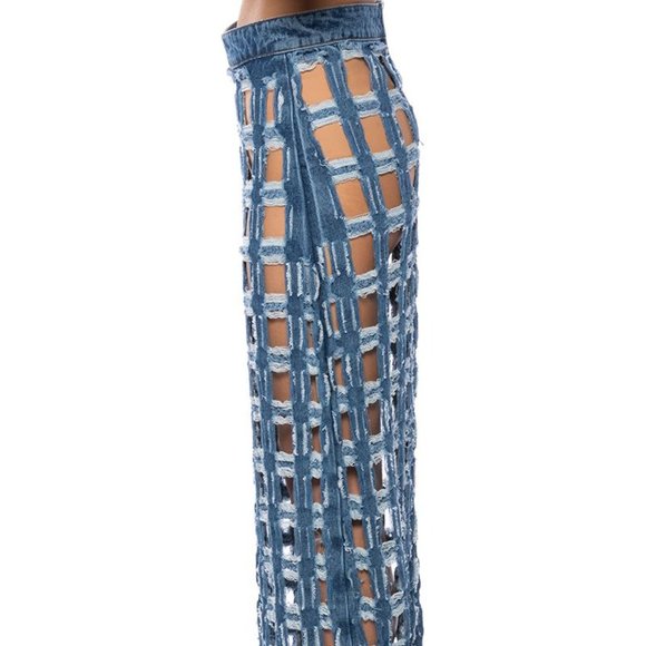 Miz Check on My Split: Square Biz Cut Out Denim Maxi Skirt Large - Picture 7 of 10